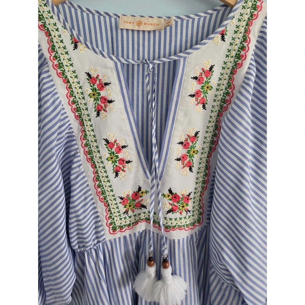 Tory Burch Tunic Dress Blue Striped Embroidered Boho Beach Dress Coverup Sz M
